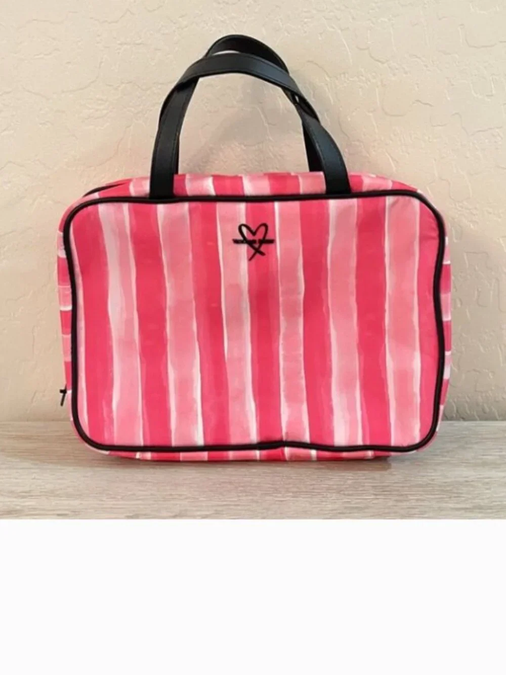 Victoria's Secret Makeup Cosmetic Accessory Bag Pink Stripe 3 Section Bag Hanger